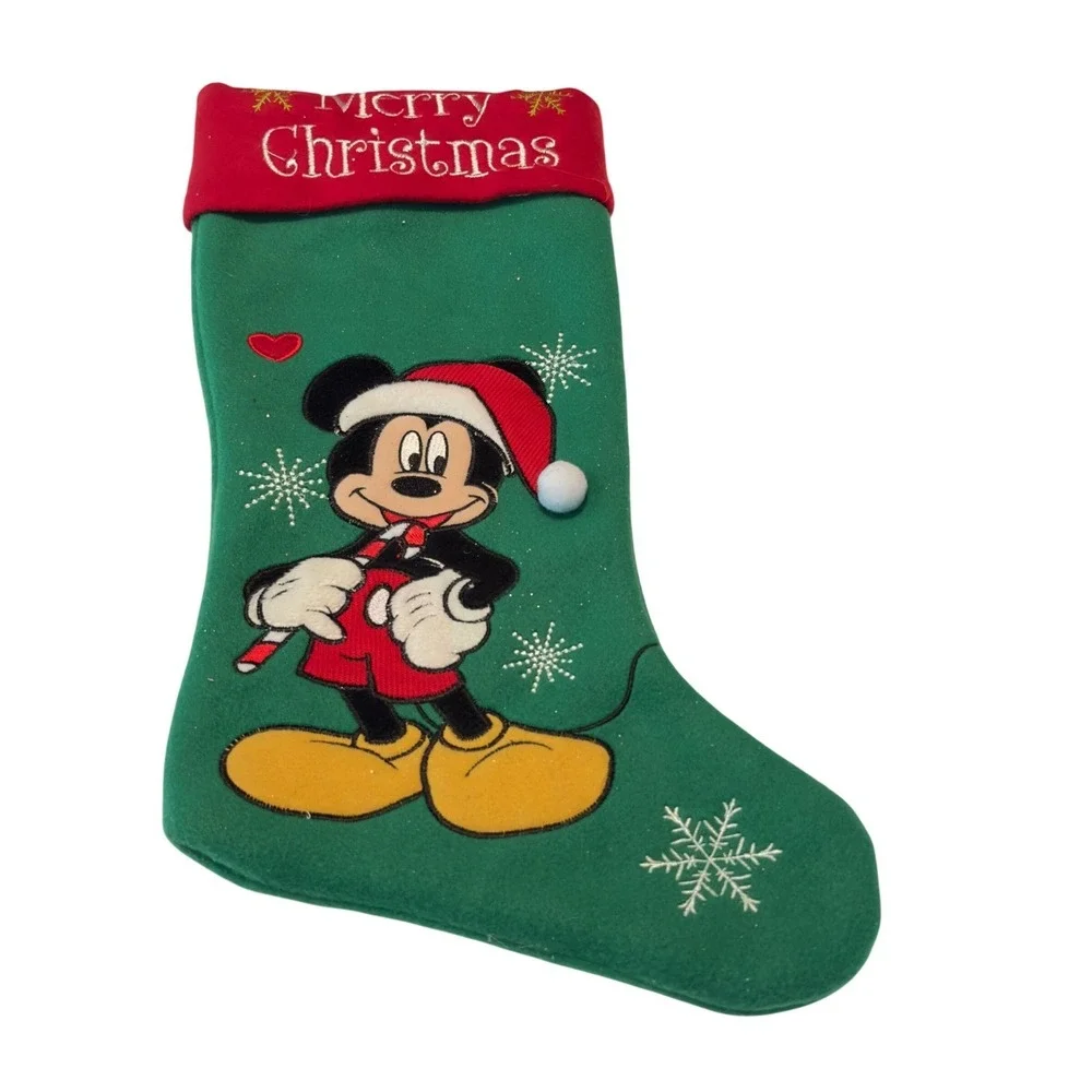 Disney Mickey Mouse Green‎ Christmas Stocking Merry Christmas Red Cuff 17 Inch